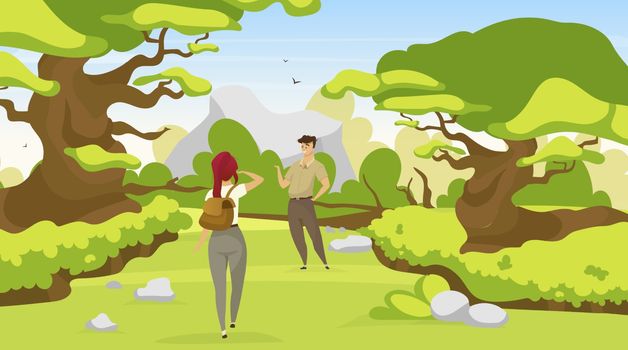 Couple of backpackers flat vector illustration. Woman and man blazing trail on forest. Trekkers walking on path through woods. Hikers search for way in rainforest. Tourists cartoon characters