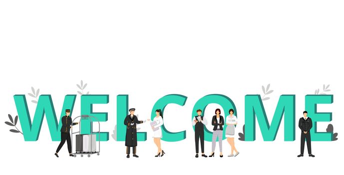 Welcome to hotel flat color vector illustration. Hospitality business, accommodation service. Hall porter, doorman, resort manager. Working staff isolated cartoon characters on white