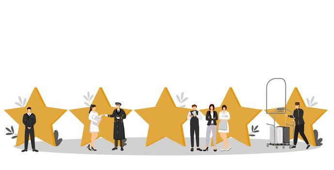 Five star hotel flat color vector illustration. Luxury hospitality service. Security, doorman, porter. Administrator, waiter, housekeeper. Staff isolated cartoon characters on white