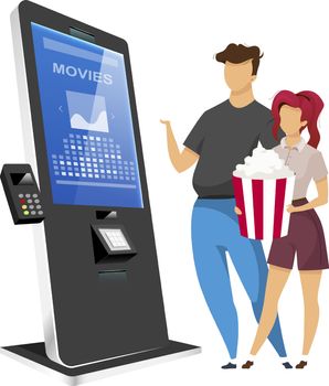 Couple buying cinema tickets flat color vector faceless characters. People near entertainment self order kiosk isolated cartoon illustration on white background. Sensor board with terminal