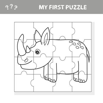 Cartoon Illustration of Education Puzzle Game for Preschool Children with Funny Rhino or Rhinoceros Animal - my first puzzle and coloring book