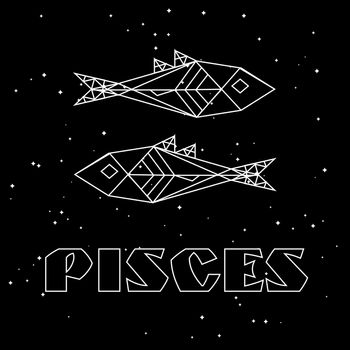 Minimal white geometric fishes, zodiac sign pisces, on starry sky background