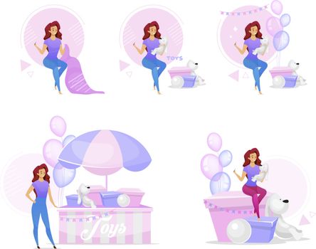 Woman making handcrafted toys flat vector illustrations set