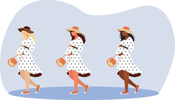 Walking pregnant girls flat vector illustrations set