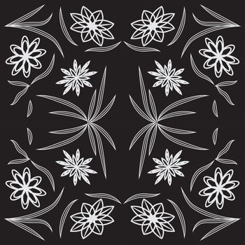 seamless pattern with leaves and flowers linocut style