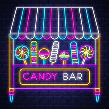 Candy bar - Neon Sign Vector. Candy bar - neon sign on brick wal