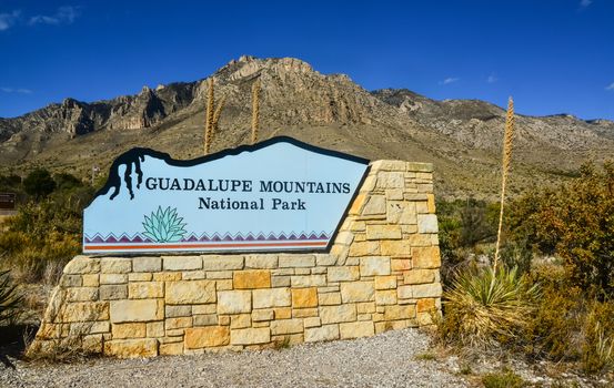 information sign " Guadalupe Mountains National Park" in a park in New Mexico