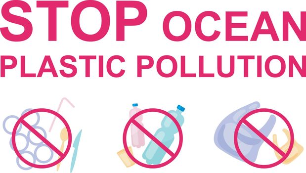 Stop plastic pollution in ocean flat concept icons set