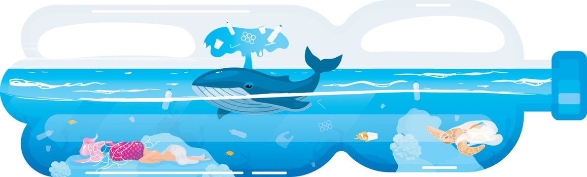 Whale and waste in plastic bottle flat concept icon