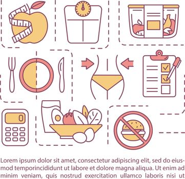 Diet planning concept icon with text. Healthy nutrition, eating schedule and calorie counting. PPT page vector template. Brochure, magazine, booklet design element with linear illustrations.