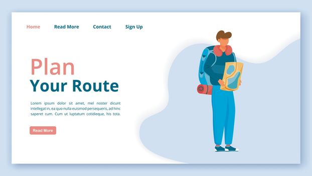 Plan your route landing page vector template. Travel company website interface idea with flat illustrations. Trekking guide homepage layout. Vacation trip web banner, webpage cartoon concept