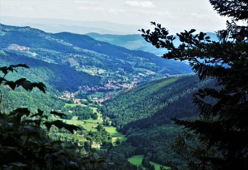 Panoramic view over the valley of the La Petite Fecht river in the Vosges on a sunny day