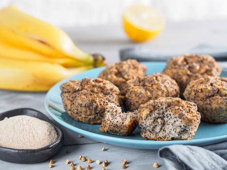banana muffins with buckwheat flour and poppy seeds