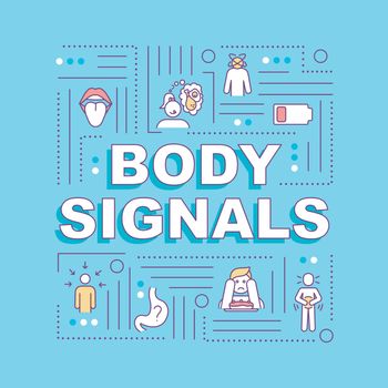 Body signals word concepts banner. Hunger and appetite senses, digestive upset. Infographics with linear icons on blue background. Isolated typography. Vector outline RGB color illustration.