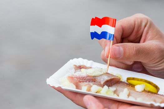 Tasty fresh herring with onion and netherland flag on the water channel background in Amsterdam. Traditional dutch food