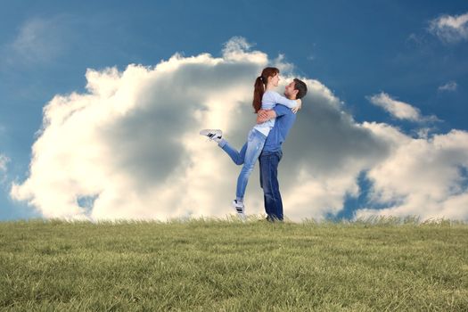 Composite image of couple hugging each other