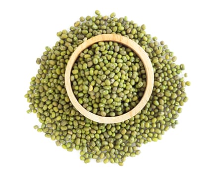 Closeup mung bean in wooden bowl on white background, healthy fo