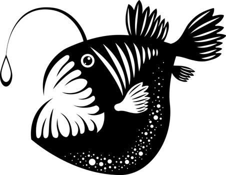 Angler Fish. Lophius piscatorius. Isolated on white. Underwater world. Black and white illustration.