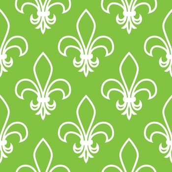 Seamless pattern. Fleur de lis. Linear graphics. Geometric symmetrical drawing. Green background.