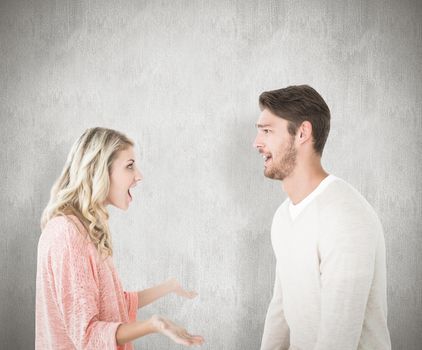 Composite image of attractive couple talking about something shocking