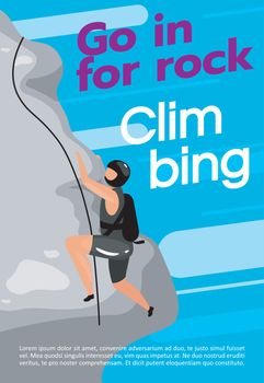 Go in for rock climbing poster vector template. Mountaineering. Brochure, cover, booklet page concept design with flat illustrations. Extreme sport. Advertising flyer, leaflet, banner layout idea