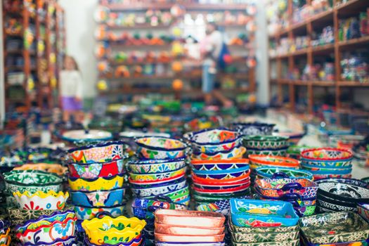 Colorful traditional mexican ceramics on the street market