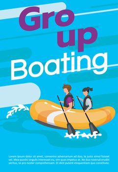 Group boating poster vector template. Extreme watersport. Brochure, cover, booklet page concept design with flat illustrations. Rafting experience. Advertising flyer, leaflet, banner layout idea
