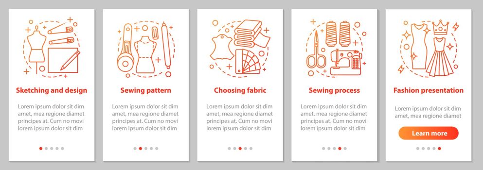 Dressmaking onboarding mobile app page screen with linear concep
