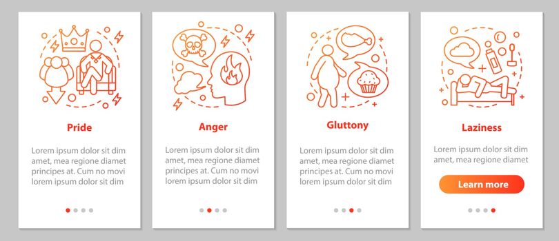 Deadly sins onboarding mobile app page screen with linear concep