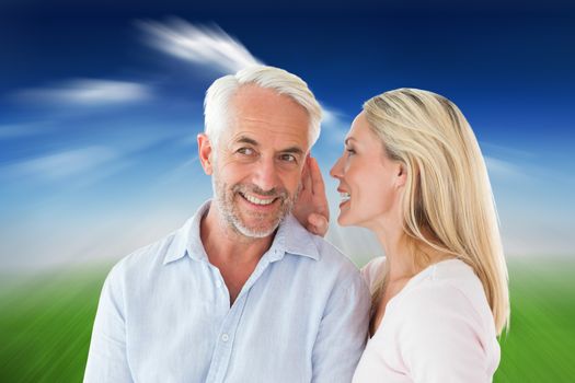 Composite image of woman whispering a secret to husband