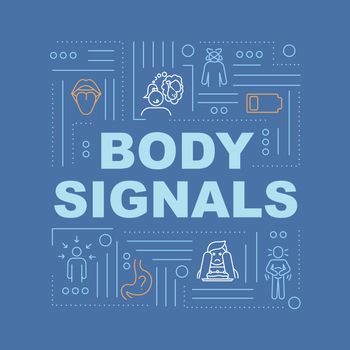 Hunger body signals word concepts banner. Appetite sense and digestive upset. Infographics with linear icons on blue background. Isolated typography. Vector outline RGB color illustration.