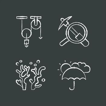 Physical and life sciences chalk white icons set on black background
