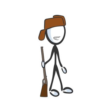 Woodsman, forester with a gun. Happy hunter. Hand drawn. Stickman cartoon. Doodle sketch, Vector graphic illustration