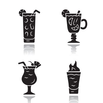Drinks drop shadow black glyph icons set. Cocktail in highball glass, hot toddy, pina colada, flaming shot. Alcoholic mixes, soft drinks. Refreshing, warming beverages. Isolated vector illustrations