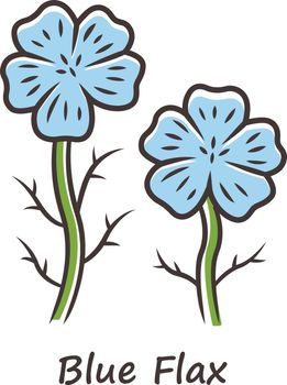 Blue flax plant color icon. Linen wild flower with name inscription. Spring blossom. Blooming linum wildflower inflorescence. Isolated vector illustration