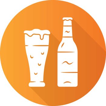 Beer orange flat design long shadow glyph icon. Uncorked bottle and glass of beverage. Bottled and draft lager. Alcoholic drink. Brewing. Pint of ale. Booze for party. Vector silhouette illustration