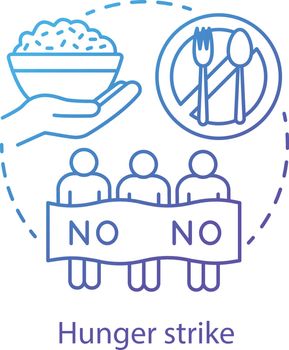 Hunger strike concept icon. Voluntary food abstinence, nonviolent protest idea thin line illustration. Protesters with banner, rice and tableware vector isolated outline drawing. Social demonstration