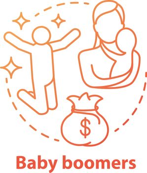 Baby boomers red concept icon. Generation idea thin line illustration. Mature people lifestyle. Material prosperity. Life goals and purposes. Motherhood. Vector isolated outline drawing