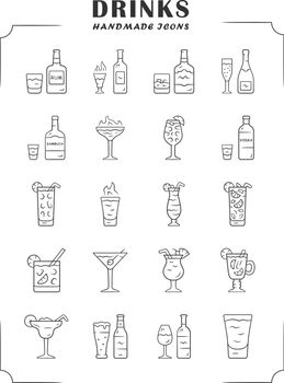 Drinks linear icons set. Alcohol menu card. Beverages for cocktails. Refreshing and warming spirit containing liquors. Thin line contour symbols. Isolated vector outline illustrations. Editable stroke