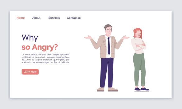 Why so angry landing page vector template. Couple misunderstanding website interface idea with flat illustrations. Family miff homepage layout. Relationship crisis web banner, webpage cartoon concept