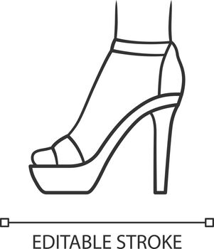 Ankle strap high heels linear icon. Woman stylish footwear design. Female party stiletto shoes. Editable stroke. Thin line illustration. Contour symbol. Vector isolated outline drawing