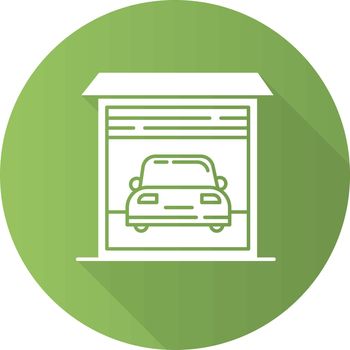 Garage car parking green flat design long shadow glyph icon. Automobile city parking lot, place. Urban street carpark area. Vehicle shed with automatic roller gate. Vector silhouette illustration