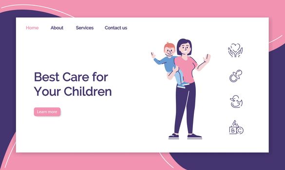 Childcare service landing page  template. Babysitting website interface idea with flat illustrations. Nanny hiring homepage layout. Babysitter child care web banner, webpage cartoon concept