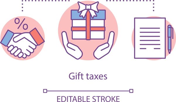 Gift taxes concept icon. Taxable goods idea thin line illustration. Interest rate on present. Tax on transferring wealth. Financial agreement. Vector isolated outline drawing. Editable stroke