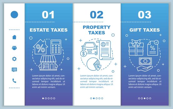 US taxes types onboarding mobile web pages vector template. Estate tax. Responsive smartphone website interface idea with linear illustrations. Webpage walkthrough step screens. Color concept