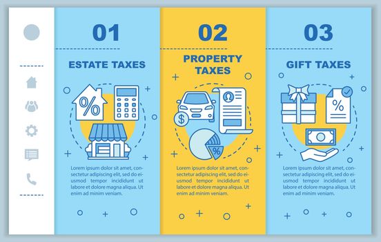 US taxes types onboarding mobile web pages vector template. Gift tax. Responsive smartphone website interface idea with linear illustrations. Webpage walkthrough step screens. Color concept