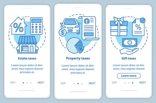 US taxes types blue onboarding mobile app page screen with linear concepts. Estate, property, gift taxation walkthrough steps graphic instructions. UX, UI, GUI vector template with illustrations