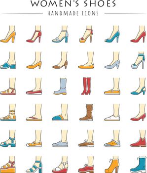 Women shoes color icons set. Female fashion, summer and autumn trendy footwear. Stiletto high heels, sandals, pumps. Winter and fall season ankle and calf boots. Isolated vector illustrations