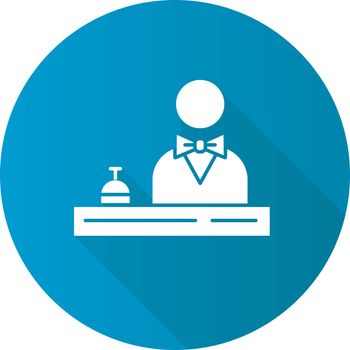 Hotel reception blue flat design long shadow glyph icon. Concierge service. Manager, butler, majordomo wearing suit. Guest registration. Motel lobby receptionist. Vector silhouette illustration