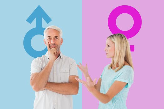 Composite image of unhappy couple having an argument with man not listening